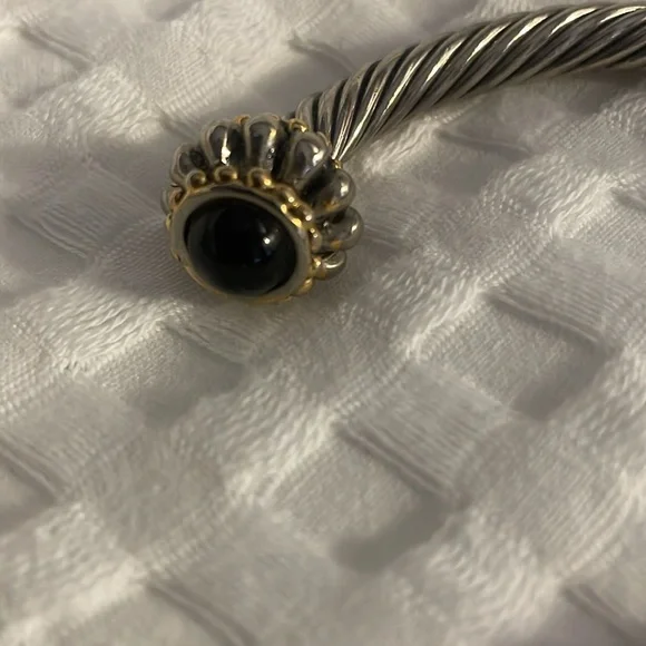 Cable Silver Bracelet Black Stone Gold Bead Tone Accent Adjustable Wrist Jewelry - Picture 8 of 10